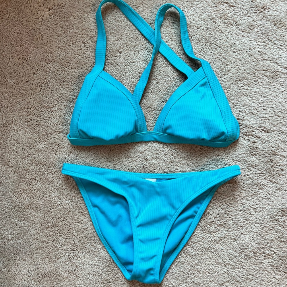 Blue ribbed triangle bikini set